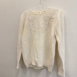 Vintage M. Lorincz Ivory Cableknit Sweater with Lace Applique Size Small
